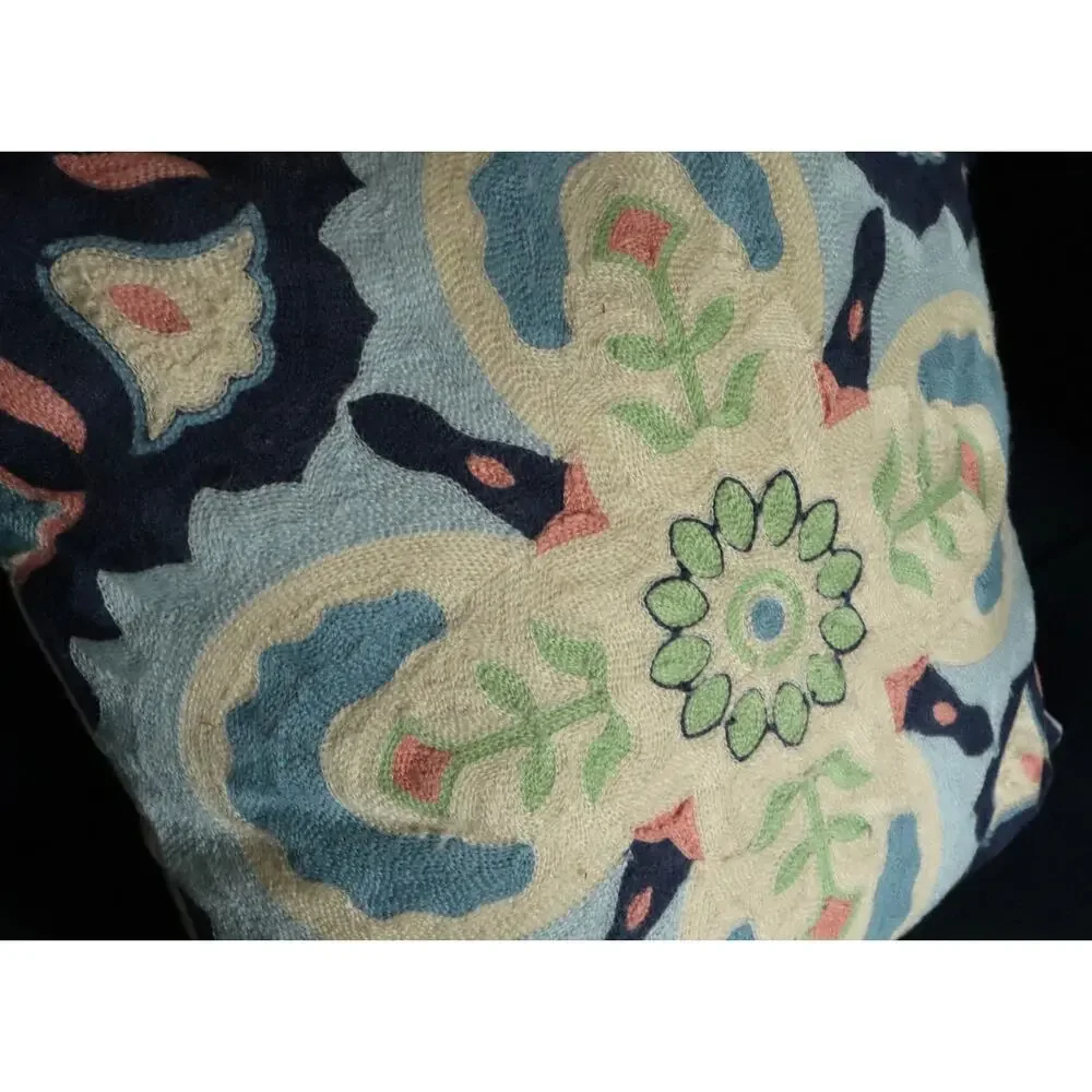 Moroccan Talavera Needlepoint Embroidered Pillow Large 17x17 Square Blue Pink